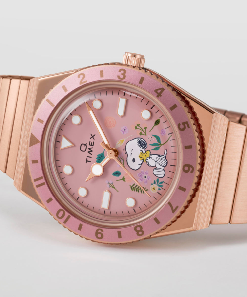 Timex x Peanuts® Q Timex® In Bloom 36mm Stainless Steel Expansion Band Watch